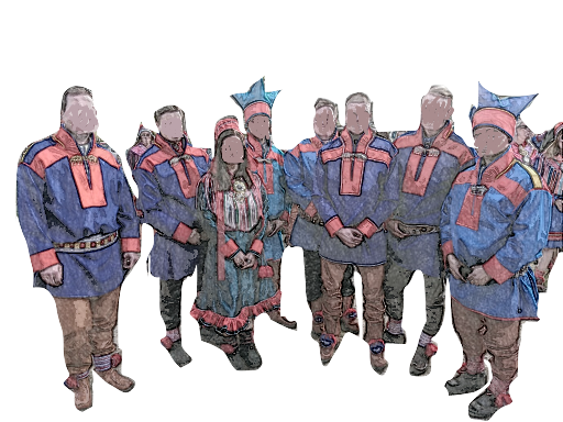 Saamelaista sukua yhdessä juhlapuvuissaan gákteissä. Kuvan henkilöiden kasvot on sumennettu ja kuva muokattu piirrosmaiseksi.