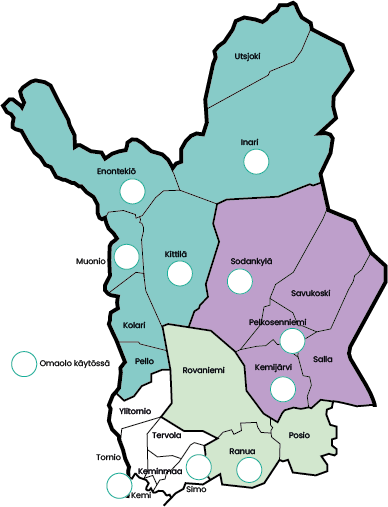 Karttakuvassa Lapin alueen Omaoloa käyttävät kunnat merkattu palvelualueittain. Omaoloa käyttävät: Inari, Muonio-Enontekiö, Kittilä, Sodankylä, Pelkosenniemi, Kemijärvi, Ranua, Kemi ja Simo.