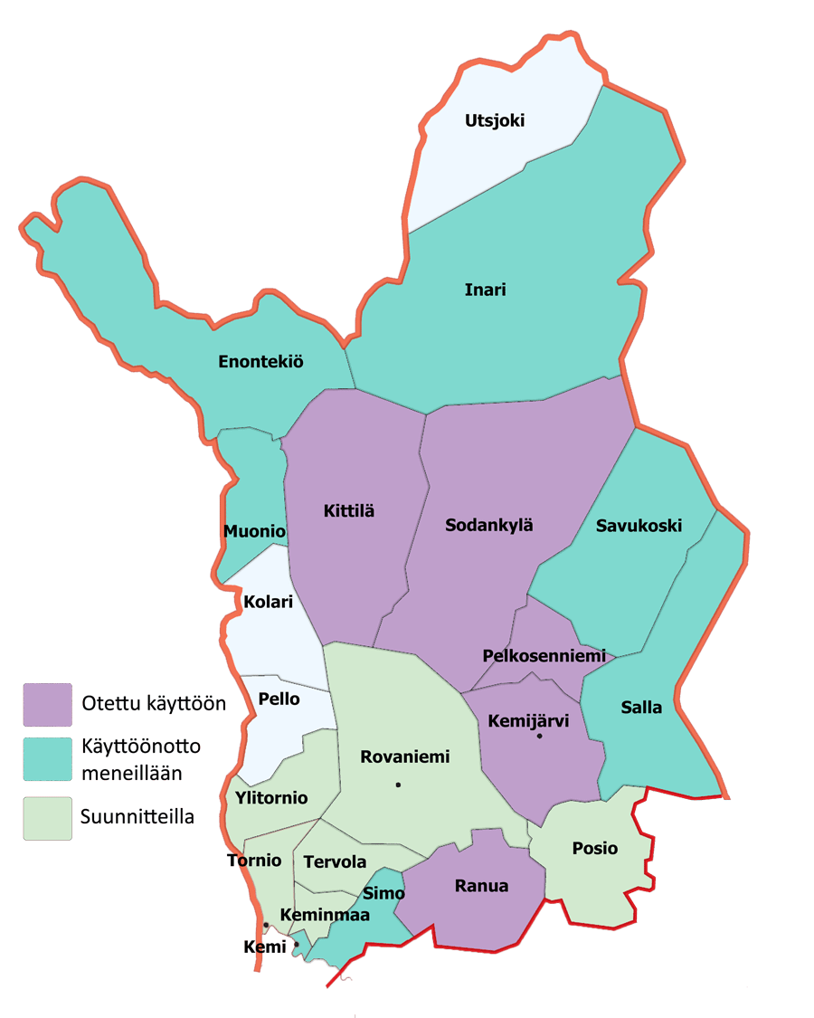 Karttakuvassa Omaolon käyttöönotot Lapin alueella. Käyttöönottojen tilanne tekstimuodossa kuvan vieressä.