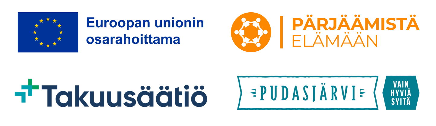 Kuvassa on tapahtuman järjestäjien logot. Euroopan unionin osarahoittama, Pärjäämistä elämään, Takuusäätiö ja Pudasjärvi vain hyviä syitä. 