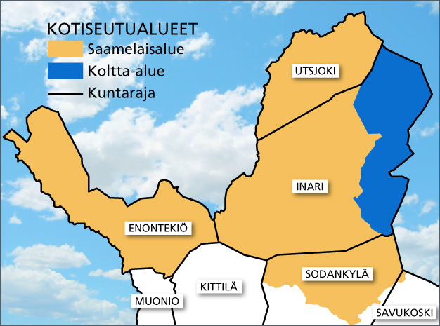 Karttakuvassa näkyy saamelaisten kotiseutualue ja koltta-alue. Kotiseutualue kattaa Utsjoen, Inarin ja Enontekiön kunnat sekä Sodankylän pohjoisosan. Koltta-alue on Inarin kunnan itä- ja koillisosassa.