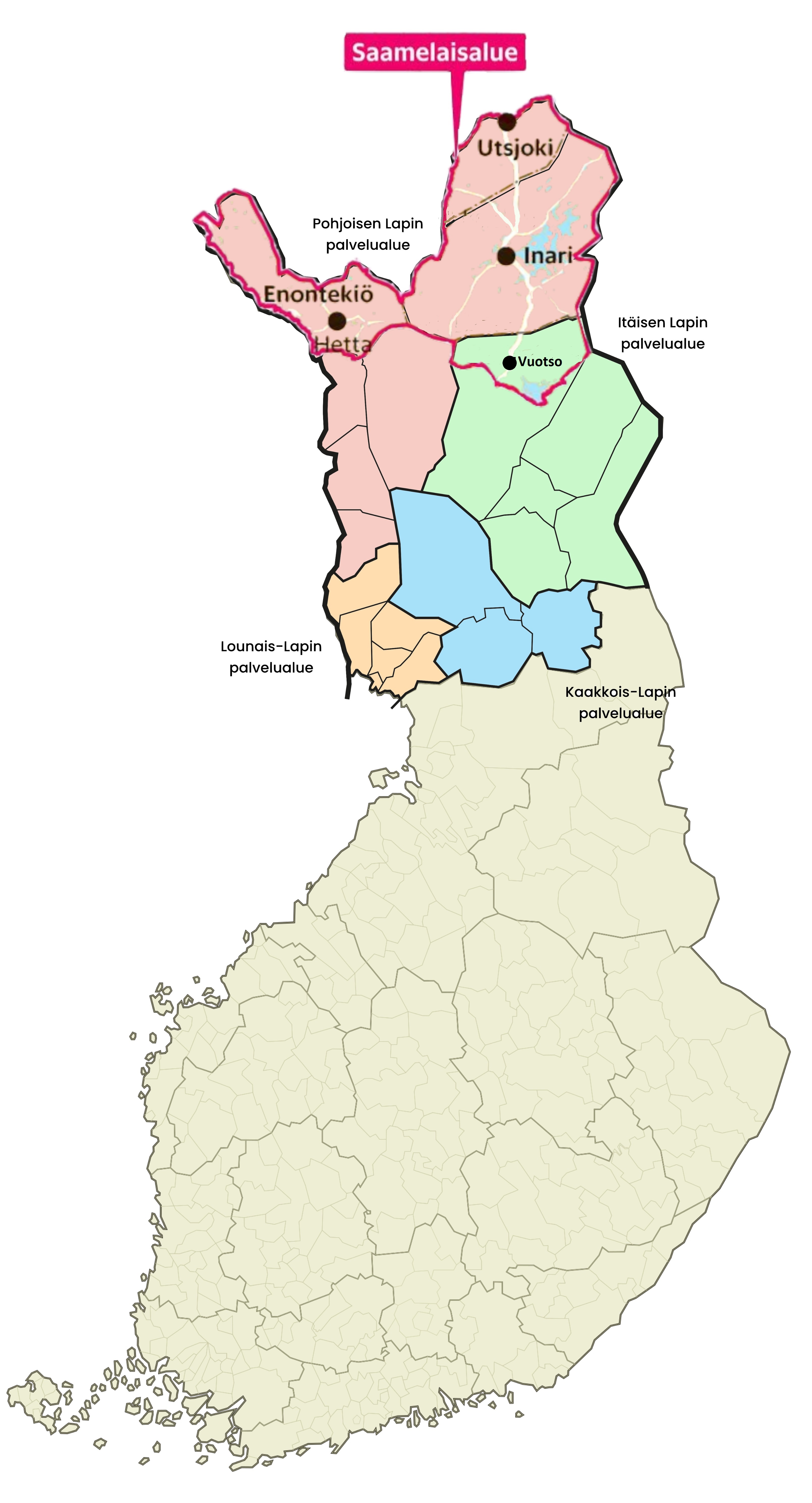 Suomen kartta, jossa Lapin hyvinvointialueen palvelualuejaot väreinä, sekä punaisella rajattuna saamelaisten kotiseutualue.