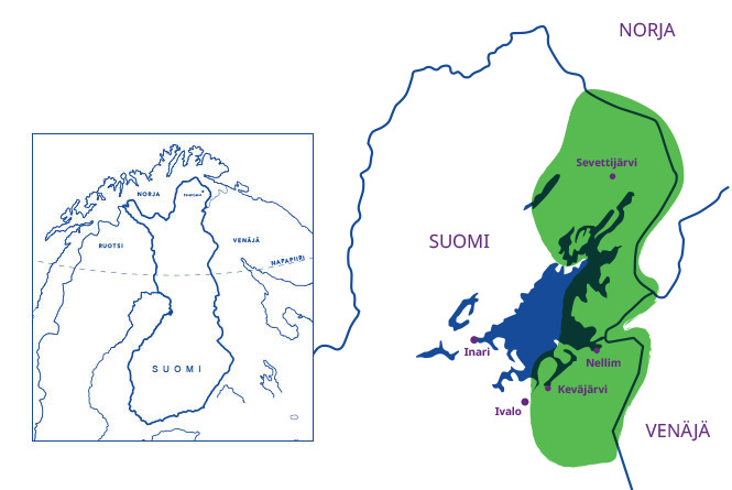 Karttakuvassa on hahmoteltu koltta-alue. Se yltää Sevettijärven pohjoispuolelta Norjan rajalta Inarijärven itäpuolta Nellimin ja Keväjärven eteläpuolelle asti.