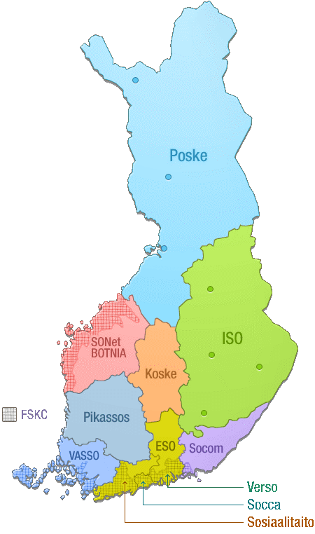 Osaamiskeskukset kartalla. Poske toimii Lapin ja Pohjois-Pohjamaan alueella, ISO toimii Kainuun, Pohjois- Karjalan, Pohjois- ja Etelän Savon alueella, Koske toimii Keski-Suomessa, SONet Botnia toimii Pohjanmaalla, Pikassos toimii Pirkanmaan ja Satakunnan ja Kantahämeen alueella, Vasso toimii Varsinais-Suomen alkueella, ESO toimii Päijät-Hämeen ja Uudenmaan alueella, Socom toimii Kymenlaakson ja Etelä-Karjalan alueella. Lisäksi Uudenmaan alueella toimii Verso, Socca ja Sosiaalitaito.