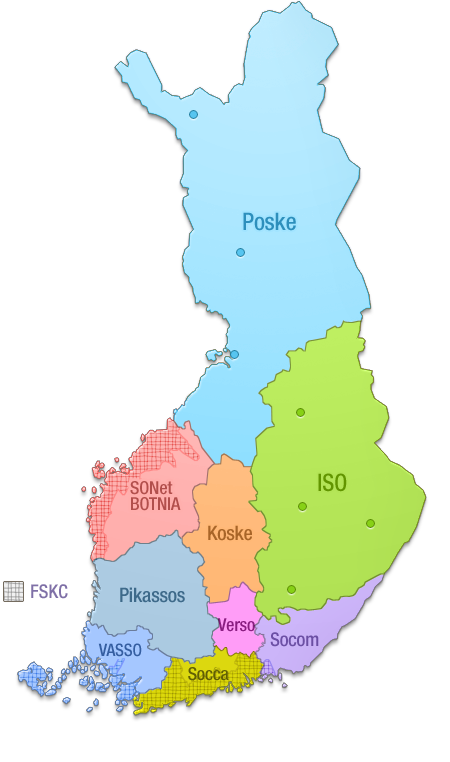 Osaamiskeskukset kartalla. Poske toimii Lapin ja Pohjois-Pohjamaan alueella, ISO toimii Kainuun, Pohjois- Karjalan, Pohjois- ja Etelän Savon alueella, Koske toimii Keski-Suomessa, SONet Botnia toimii Pohjanmaalla, Pikassos toimii Pirkanmaan ja Satakunnan ja Kantahämeen alueella, Vasso toimii Varsinais-Suomen alkueella, ESO toimii Päijät-Hämeen ja Uudenmaan alueella, Socom toimii Kymenlaakson ja Etelä-Karjalan alueella. Verso toimii Päijät-Hämeessä ja Socca Uudenmaan alueella.